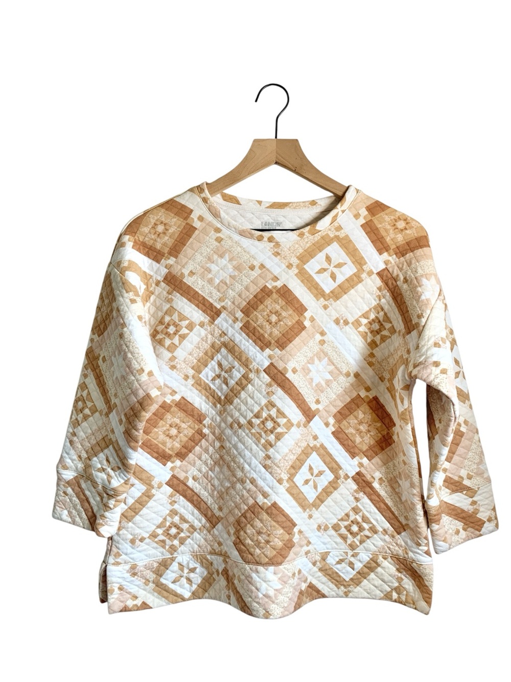 Lands' End White Cream & Tan Quilted 3/4 Sleeve Pullover Sweatshirt Top